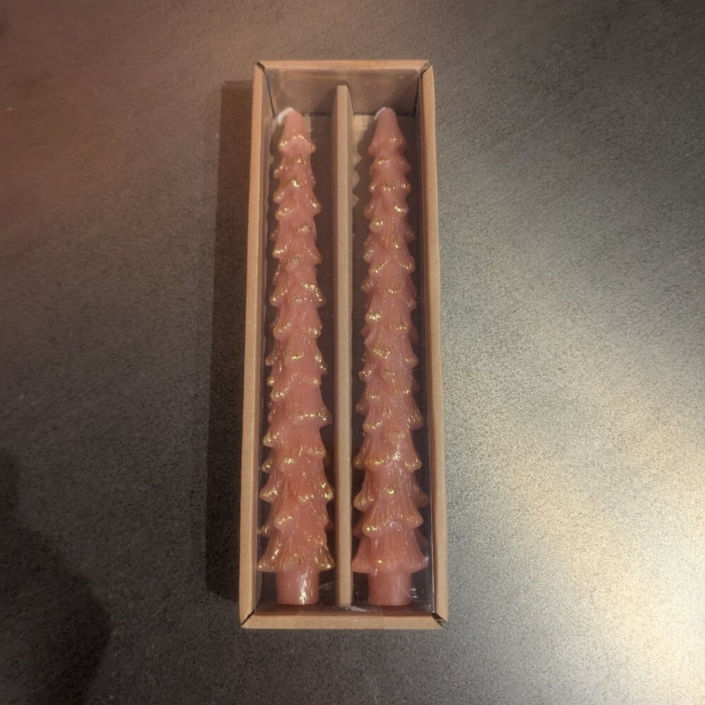 Blush Pink and Gold Spruce Evergreen Pillar Candles NIB 10"